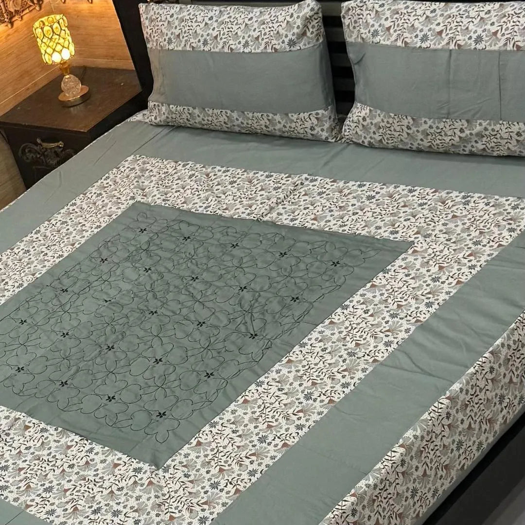 Green Cotton Patchwork Double Bedsheet with Embroidered Center & 2 Pillow Covers