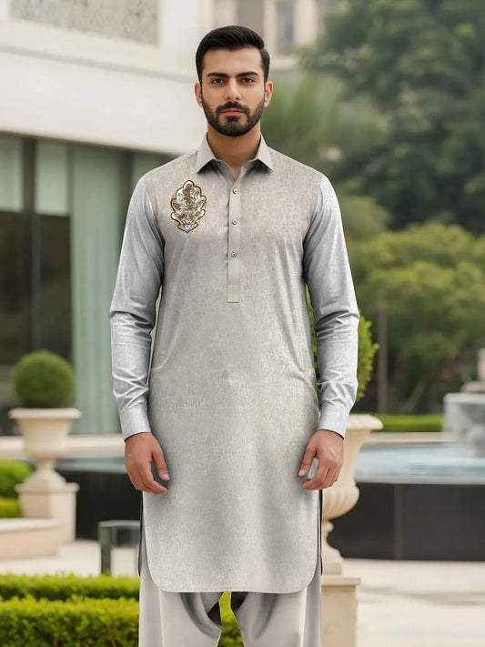 Men's Silver Embroidered Cotton Suit Eid Party Wear Summer