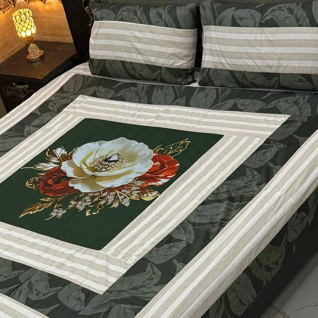 Vibrant 3 Pcs Cotton Sotton Digital Gold Panel Patchwork Double Bedsheet