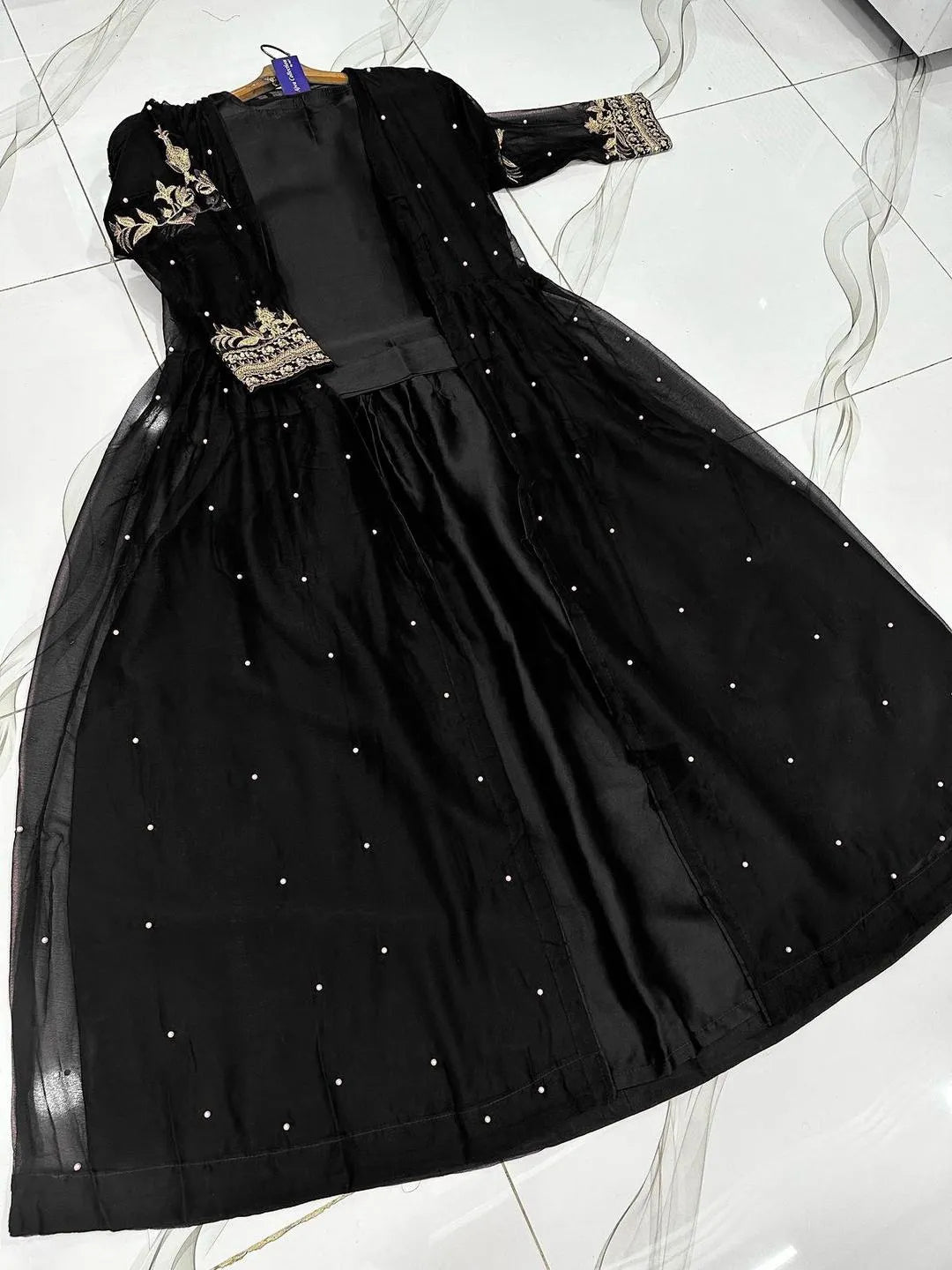 Black Embroidered 3Pcs Shamoz Silk Gown Suit for Women