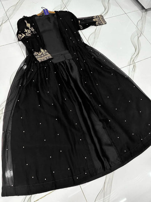 Black Embroidered 3Pcs Shamoz Silk Gown Suit for Women