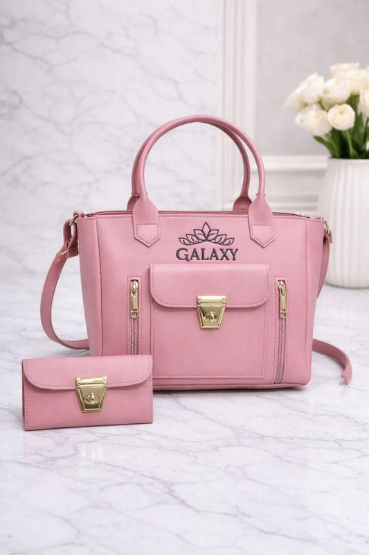 Pink Leather Hand Bag Set 2 Pcs Top Handle