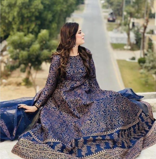 Women's Blue Katan Silk Steam Printed Anarkali Suit with Trouser & Dupatta Medium