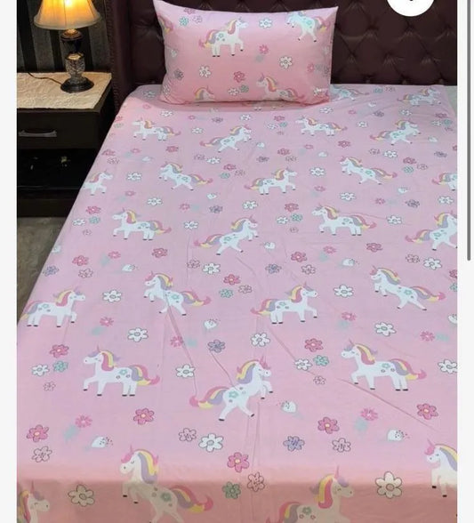 Kids Single Bed Sheet Pink Unicorn Print Cotton 2Pcs