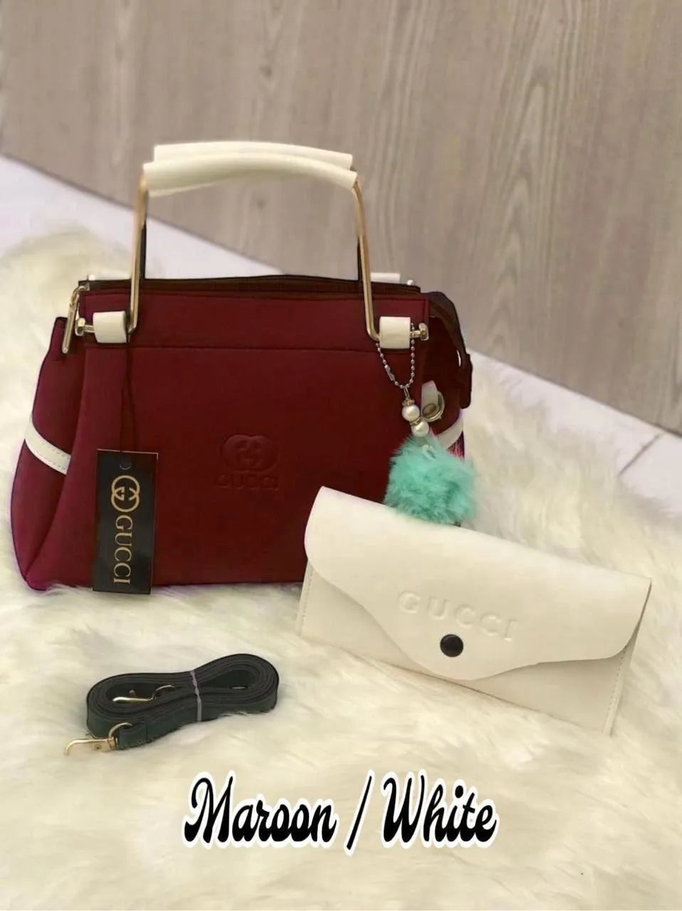 Women Leather Hand Bag Set Maroon White 2 Pcs