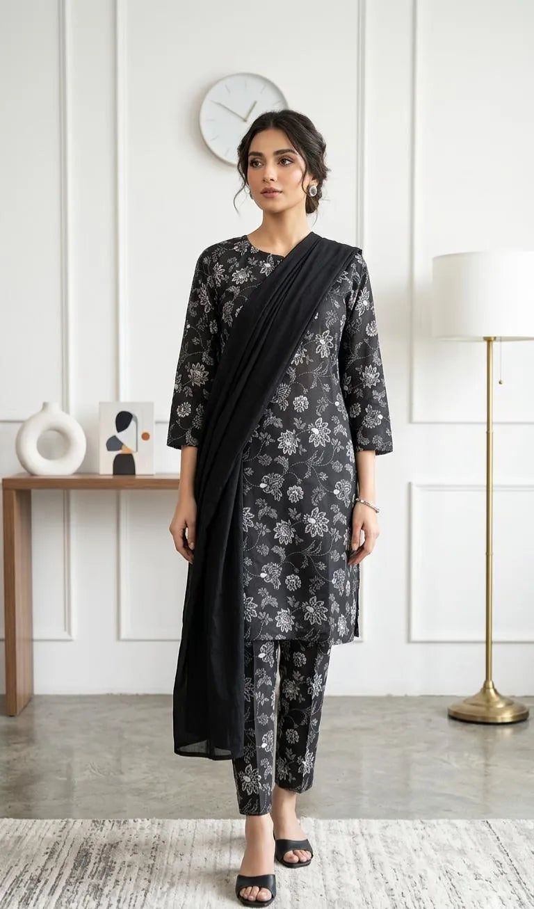 Black Floral Printed Kurta Set with Chiffon Dupatta