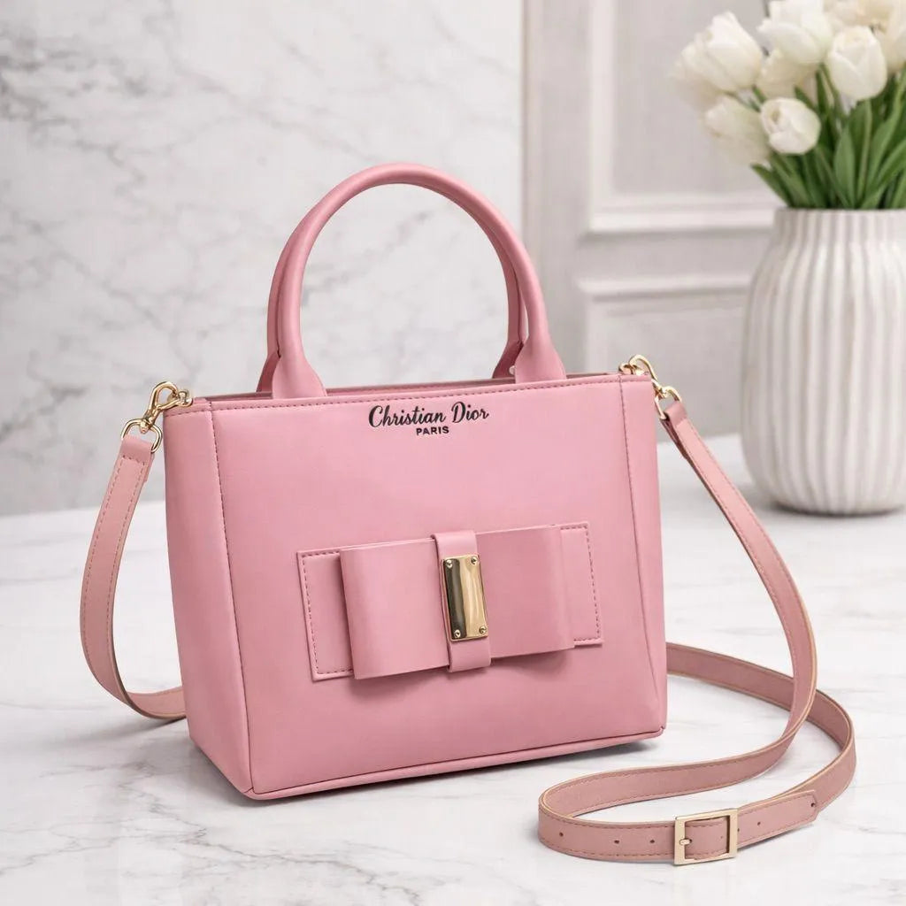 Pink Leather Shoulder Bag for Girls with Bow Design