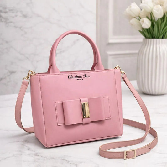 Pink Leather Shoulder Bag for Girls with Bow Design
