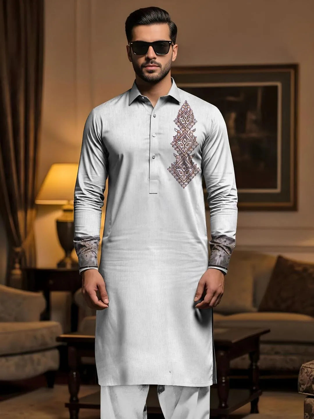 Men's White Embroidered Cotton Suit Eid Party Wear Summer